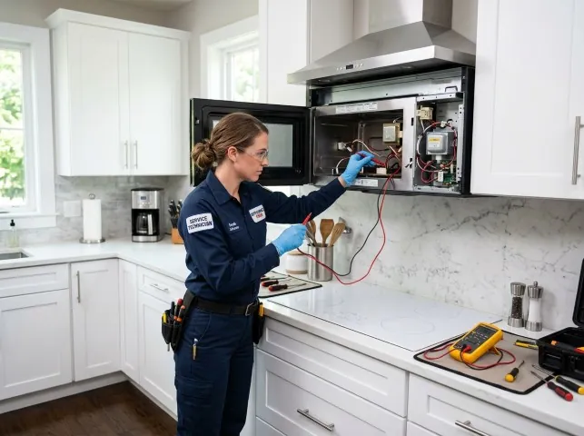 Appliance Repair Hero technician testing an over-the-range microwave in a Aubrey, TX kitchen